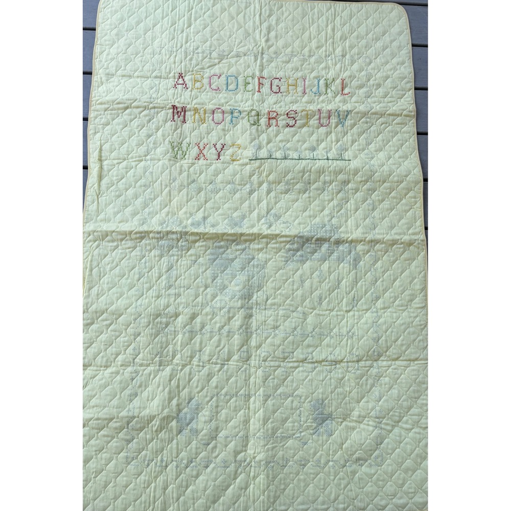 Vintage Hand Embroidered Alphabet Cross Stitch Quilted Baby Blanket Nursery